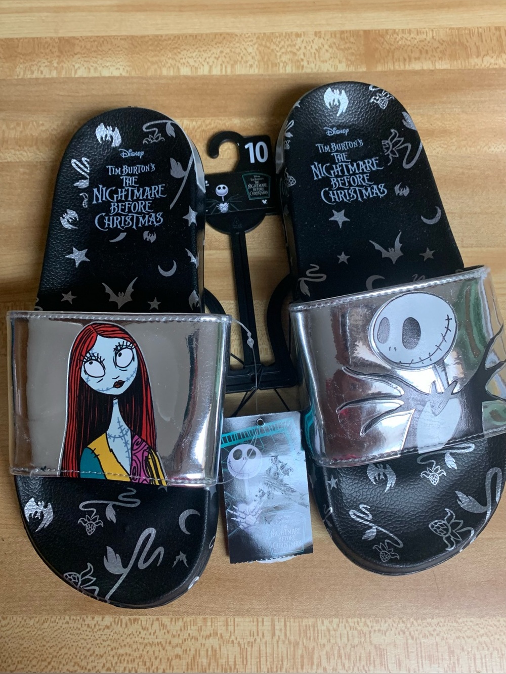 Night Before Christmas Black & Silver Metallic Slides, Unisex, Adult Sz 10, NWT